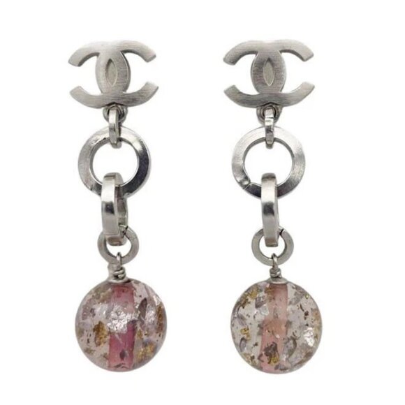 CHANEL CC Logos Drop Clear Pink Ball Stud Earrings Silver Tone 06P Auth D-t104 - Picture 1 of 14